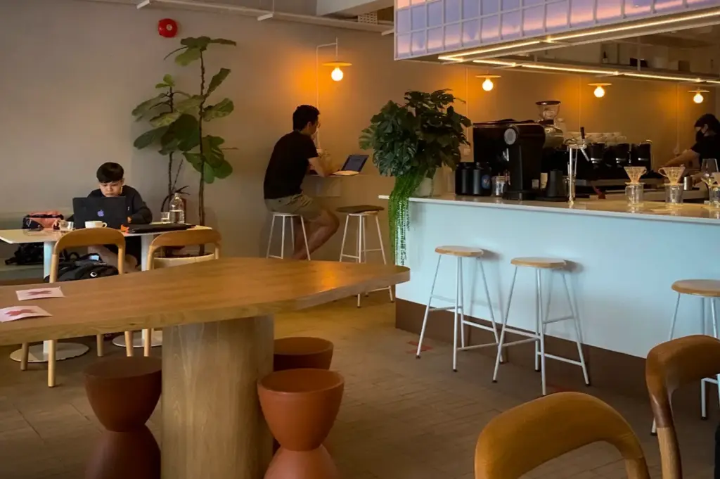 Modern interior of Apollo Coffee Bar in Serangoon Gardens, Singapore, featuring minimalist décor, communal wooden tables, bar seating, specialty coffee equipment, and a bright, airy café atmosphere.