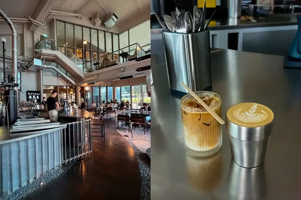 Collage featuring Coexist Cafe Katong's modern industrial interior alongside iced latte and latte art coffee, showcasing the café's stylish ambiance and specialty coffee experience.