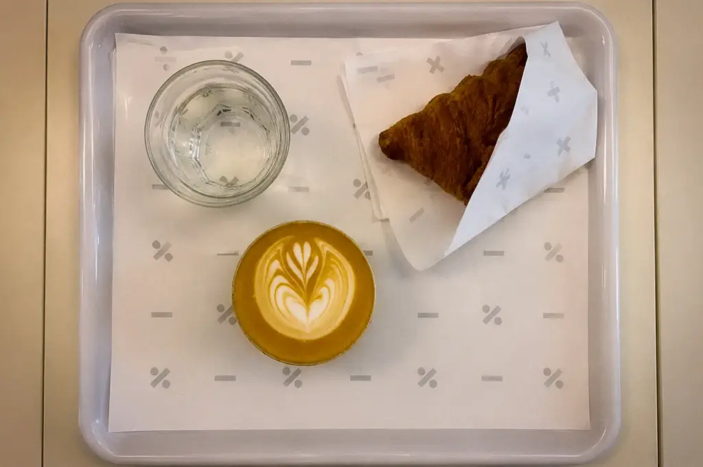 Equate Coffee Singapore matcha latte with latte art, croissant, and water served on a minimalist tray with mathematical symbols.