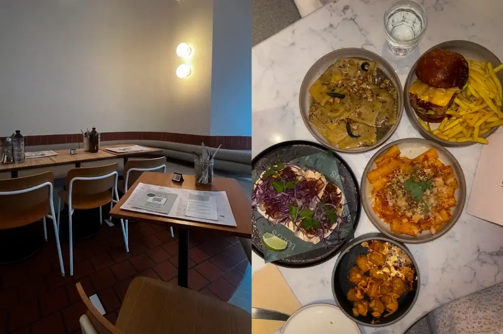 Collage featuring Lola's Cafe Holland Village with its cozy modern interior alongside a table spread of pasta, burger, tacos, ravioli, loaded tater tots, and other signature dishes.