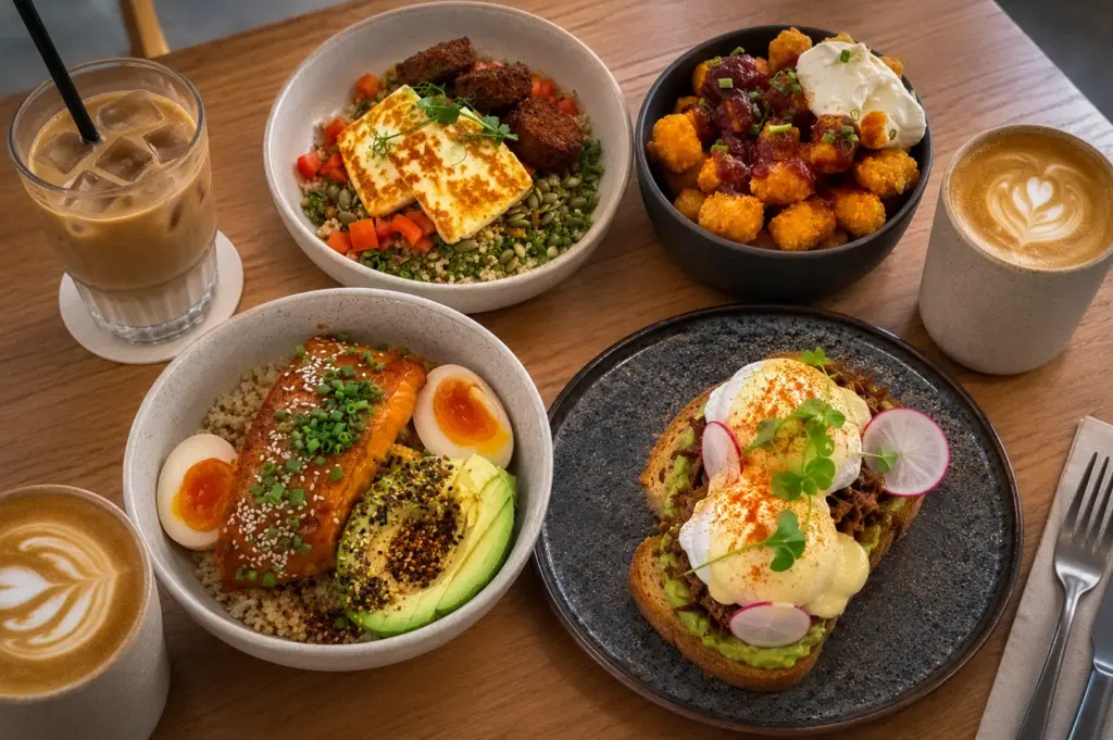 Lola’s Cafe Holland Village spread with salmon grain bowl, eggs Benedict avocado toast, crispy bites, halloumi bowl, and coffee in Singapore