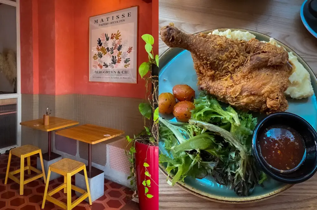 Collage featuring Prairie by Craftsmen Singapore with its warm café interior alongside crispy fried chicken served with mashed potatoes, salad, cherry tomatoes, and dipping sauce.