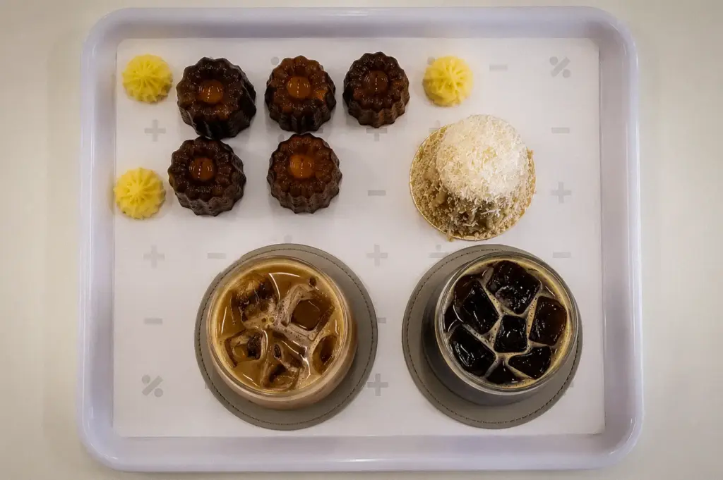 Equate Coffee Singapore coffee drinks and assorted pastries served on a minimalist tray with signature mathematical symbols.