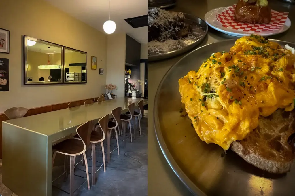 Collage featuring SHU Bakery Space at Kovan with its minimalist café interior alongside creamy scrambled eggs on sourdough toast, pastries, and signature baked treats.
