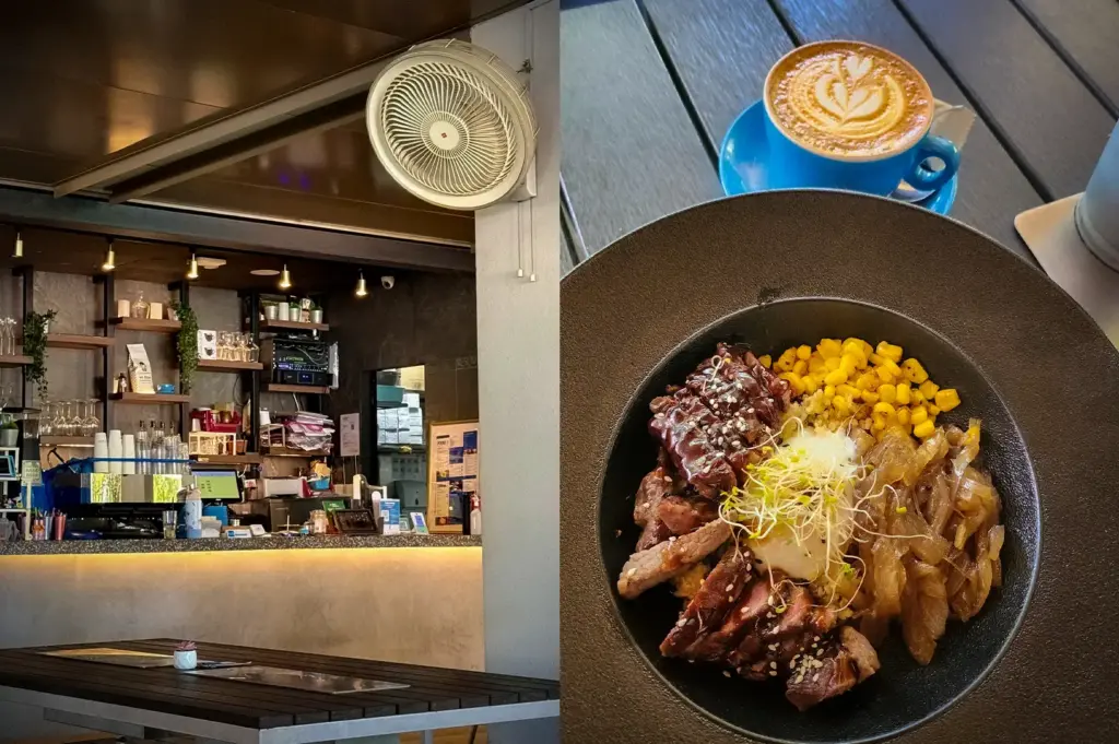 Collage featuring Jimmy Monkey Café at Paya Lebar with its modern café interior alongside a hearty grilled meat breakfast bowl topped with a soft egg and a latte with latte art.