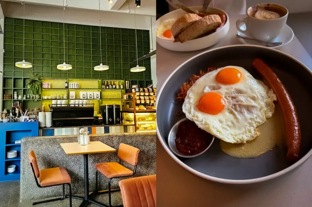 A composite view of Atlas Coffeehouse in Singapore featuring a stylish interior with green wooden paneling and hanging pendant lights, alongside a hearty breakfast plate of sunny-side-up eggs, sausage, and coffee.