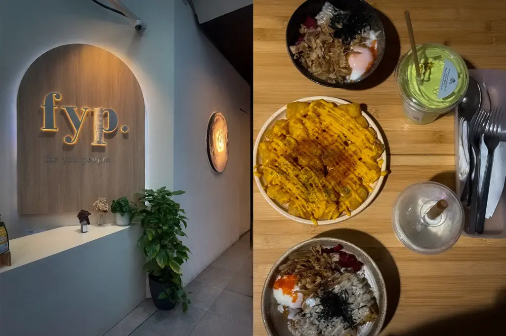 FYP Cafe at Orchard Central Singapore featuring a Japanese-inspired rice dish with crispy toppings and matcha drink, alongside the cafe entrance with its illuminated FYP logo, counter, plants, and minimalist interior.