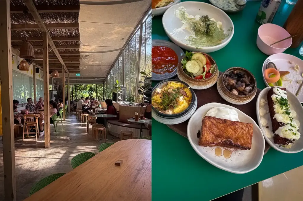 A composite view of Small Batch at the Singapore Botanic Gardens in Singapore, featuring its bright, wood-and-glass garden dining interior alongside a hearty spread of brunch dishes, scrambled eggs, and French toast.