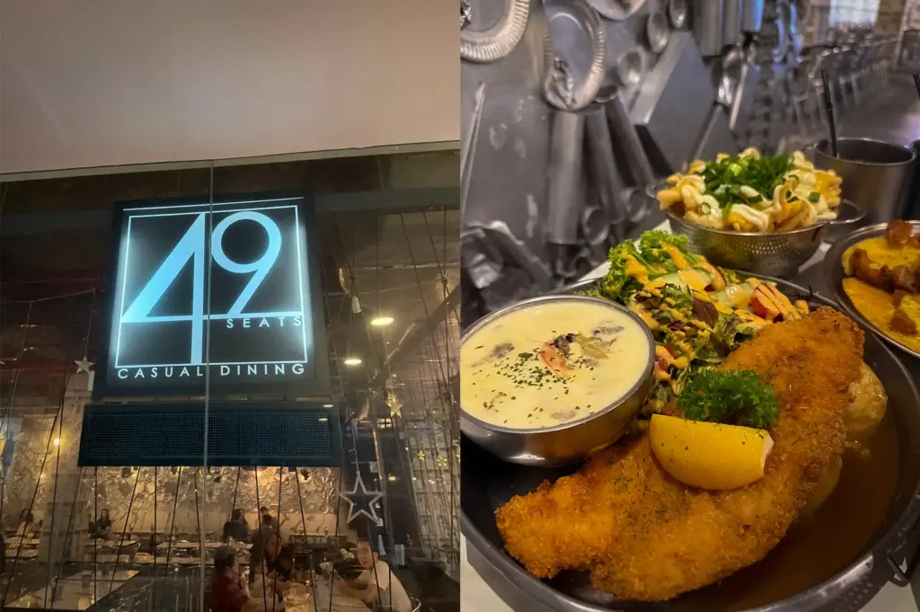 49 Seats at 176 Orchard Singapore featuring the restaurant entrance and a spread of crispy fried dishes, creamy soup, salad, pasta, and sides.