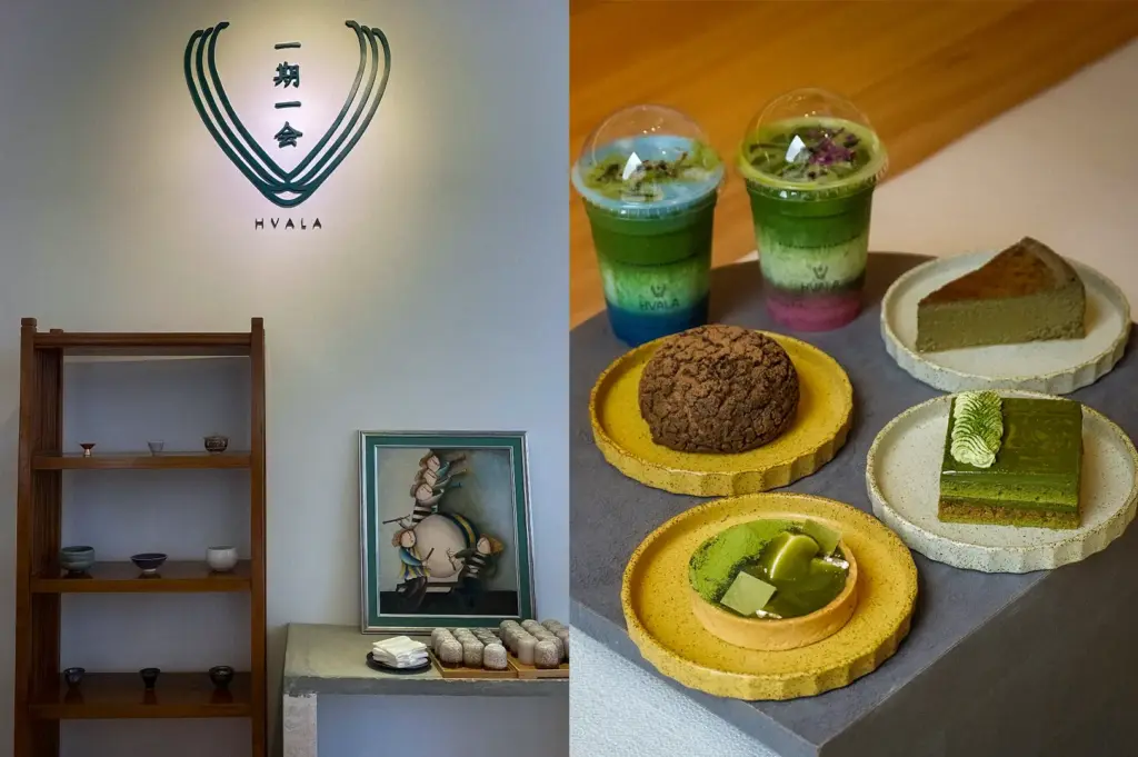 Hvala at TripleOne Somerset Singapore featuring matcha drinks, matcha desserts, pastries, and a minimalist Japanese-inspired interior with Hvala signage, ceramics, wooden shelving, and traditional decor.