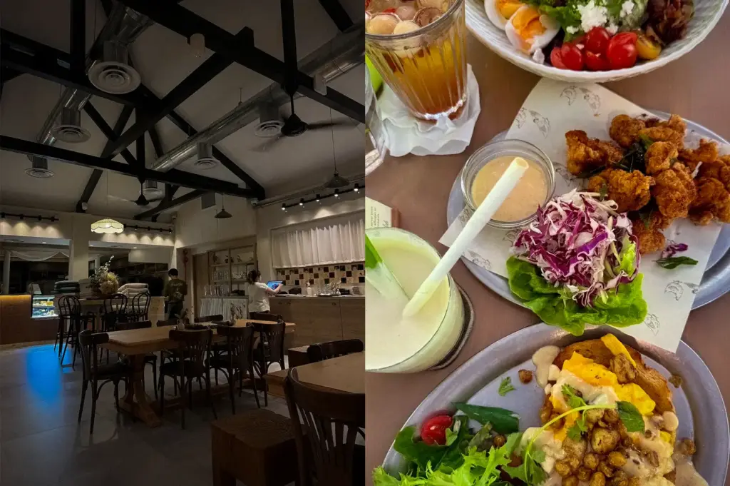 A composite view of Park Side Cafe on Cluny Road in Singapore, showcasing its high-ceilinged industrial interior with exposed beams alongside a vibrant brunch spread of salad, fried chicken, and loaded toast.