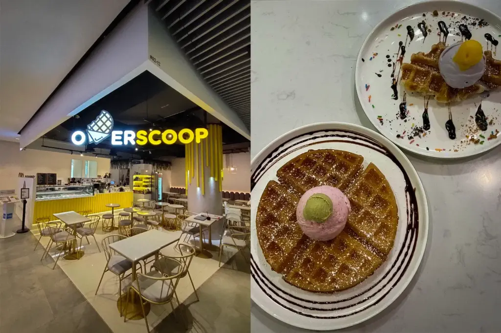 OverScoops at Orchard Central Singapore featuring the dessert shop interior and waffles topped with ice cream, powdered sugar, chocolate sauce, and colorful sprinkles.