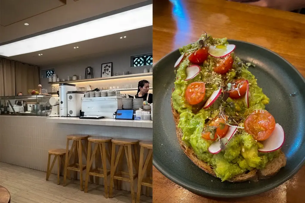 A composite view of The Glasshouse near Bugis in Singapore, showcasing its bright minimalist coffee counter and wooden bar seating alongside a fresh plate of artisan avocado toast topped with cherry tomatoes and radishes.