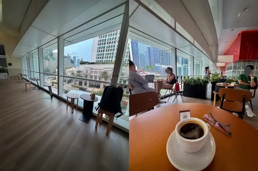 A composite view of Acoustics Coffee Bar in Singapore, showcasing its bright window-side seating overlooking the urban street view alongside a fresh cup of black coffee on a wooden table.