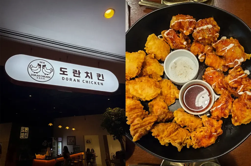 Doran Chicken at Orchard Gateway Singapore featuring the restaurant exterior and a platter of crispy Korean fried chicken with original and sauced pieces served with dipping sauces.