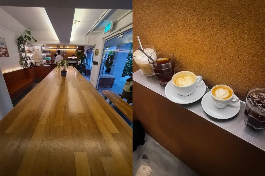 A composite view of Nylon Coffee Roasters in Singapore featuring a long communal wooden table interior alongside a neat arrangement of specialty coffee, latte art cups, and iced brews against a textured wall.