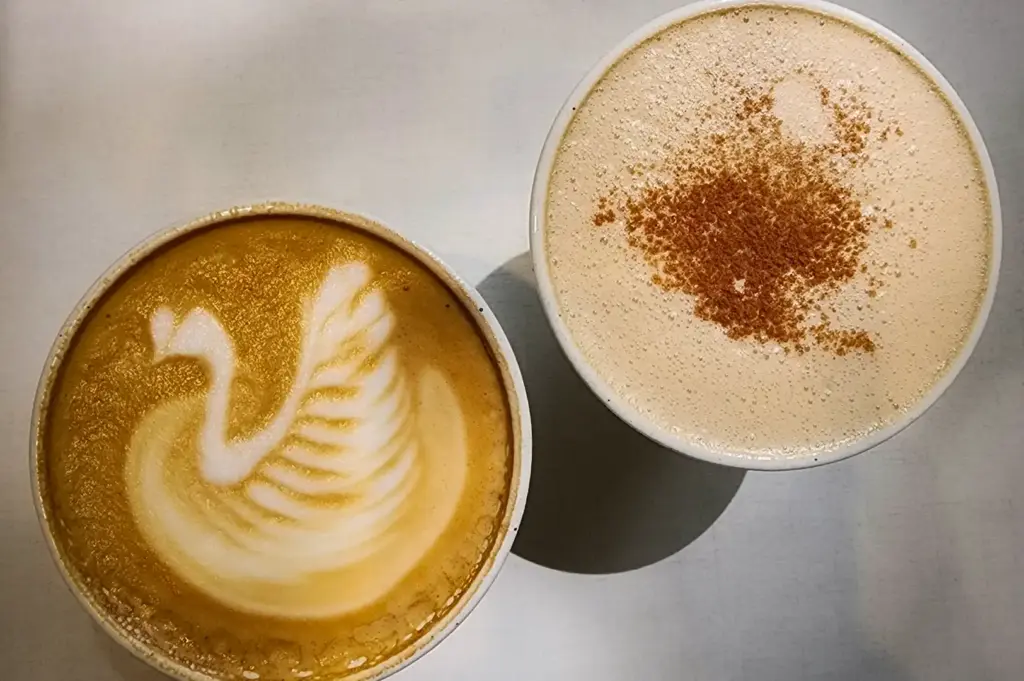 Top-down view of hot coffee beverages at Daily Ground, featuring a caffe latte with swan latte art and a cappuccino dusted with cocoa powder