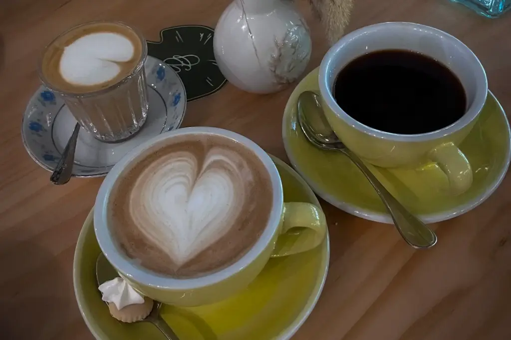 Various coffee beverages including lattes with heart latte art, black coffee, and a small glass on saucers alongside a vase of dried grass on a wooden table at Park Side Cafe